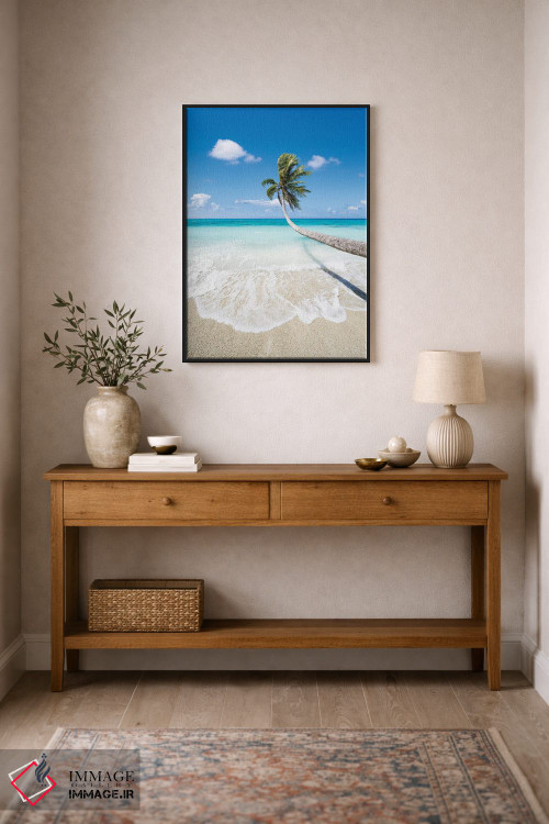 تابلو دکوراتیو درخت نخل آویزان بر ساحل زیبای استوایی اثر یان بکه - D4B
