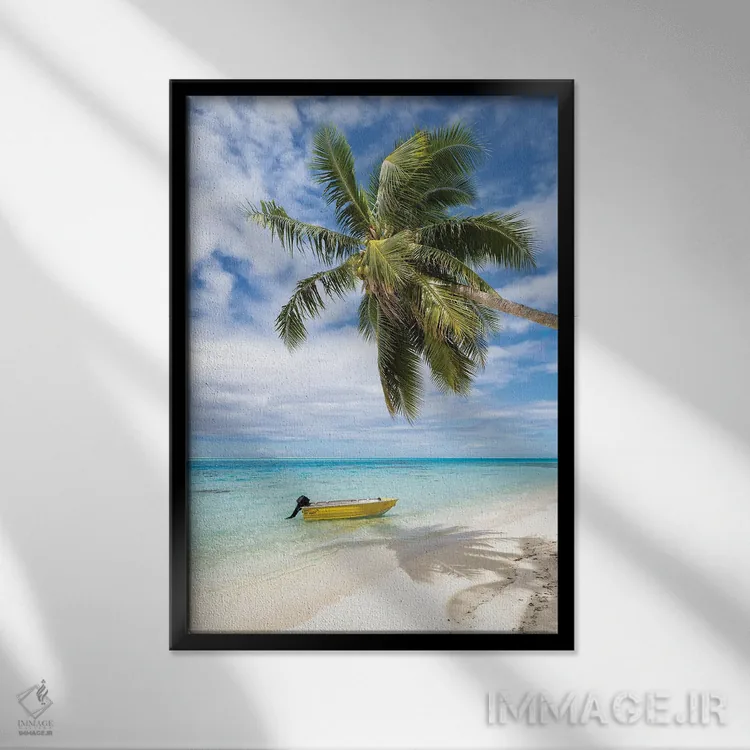 تابلو دکوراتیو Bora Bora, French Polynesia,ساحل استوایی با نخل و قایق، بورا بو… اثر یان بکه - نمای قابدار مشکی