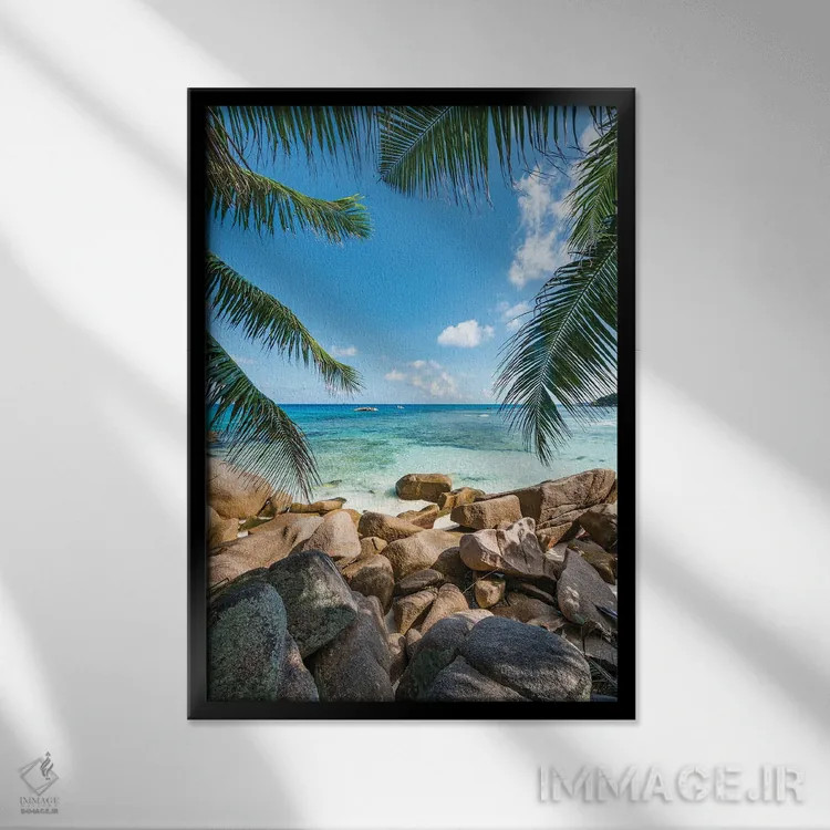 تابلو دکوراتیو Anse Lazio, Praslin Island, Seychelles,صخره های طبیعی با درختان… اثر یان بکه - نمای قابدار مشکی