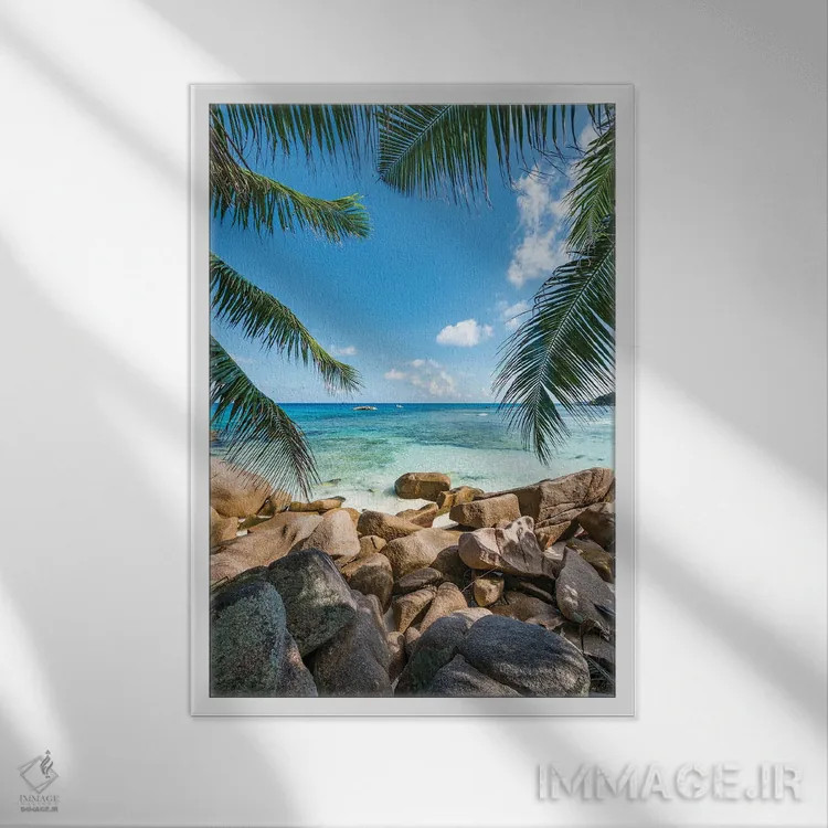تابلو دکوراتیو Anse Lazio, Praslin Island, Seychelles,صخره های طبیعی با درختان… اثر یان بکه - نمای قابدار سفید