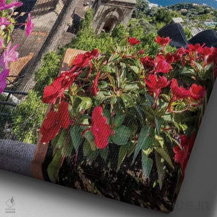 تابلو دکوراتیو باغ ویلا روفولو در تابستان، راولو، جزیره کاپری، ایتالیا اثر یان بکه - نمای نزدیک بافت بوم