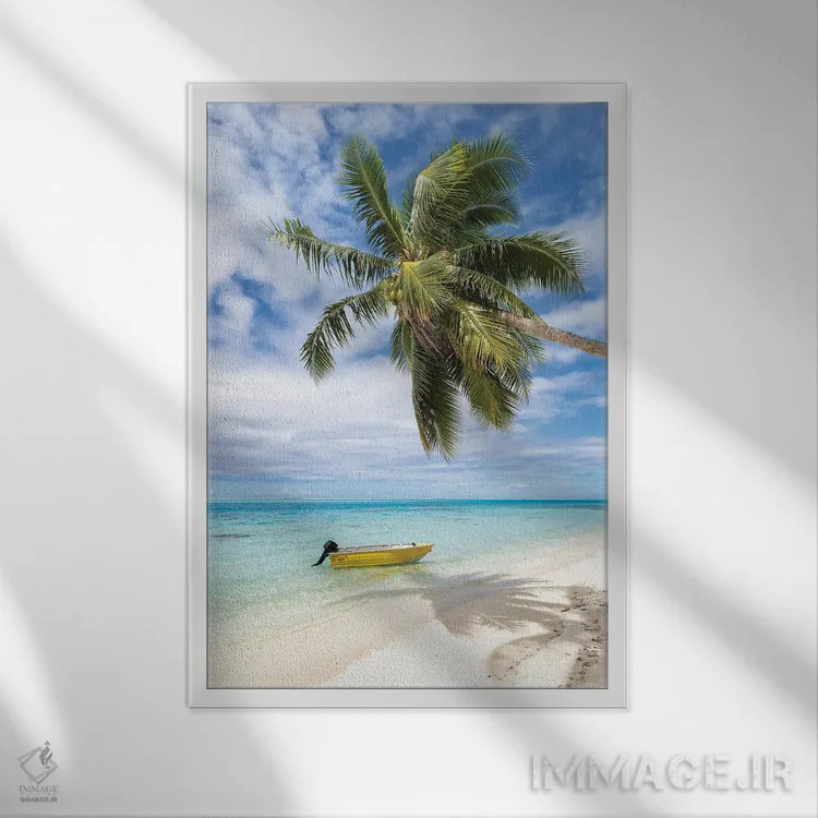 تابلو دکوراتیو Bora Bora, French Polynesia,ساحل استوایی با نخل و قایق، بورا بو… اثر یان بکه - نمای قابدار سفید