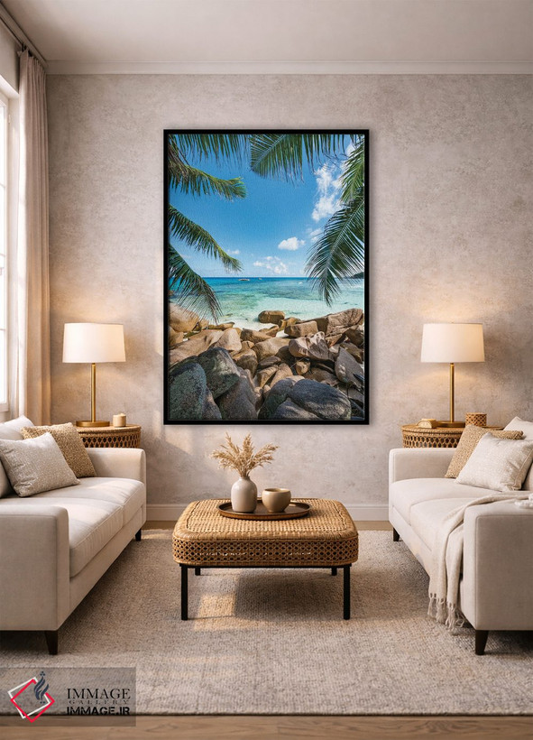 تابلو دکوراتیو Anse Lazio, Praslin Island, Seychelles,صخره های طبیعی با درختان… اثر یان بکه - D1B