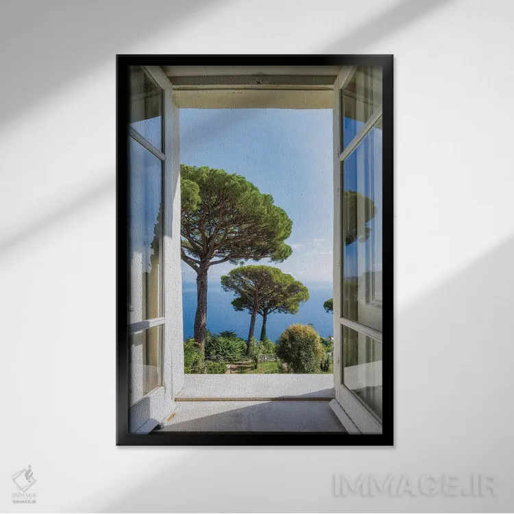 تابلو دکوراتیو Capri Island, Naples, Italy,نمایی به باغ با درختان کاج سنگی، جز… اثر یان بکه - نمای قابدار مشکی