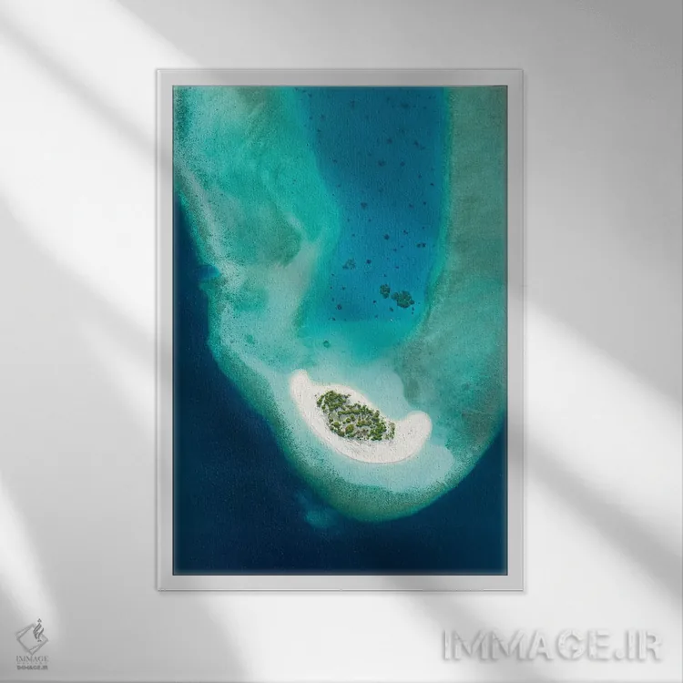 تابلو دکوراتیو نمای هوایی از یک جزیره استوایی کوچک در مالدیو اثر یان بکه - نمای قابدار سفید