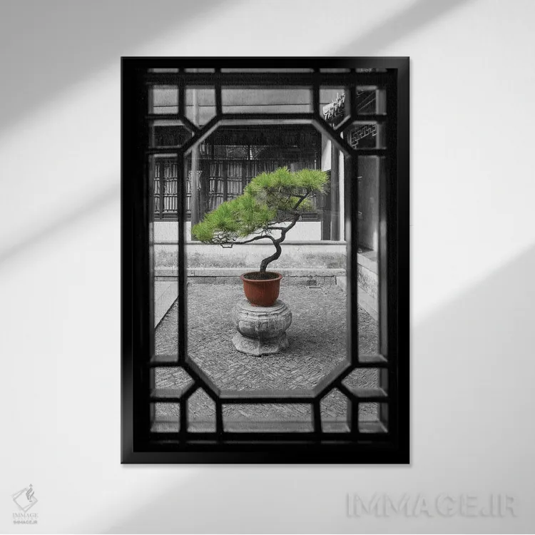 تابلو دکوراتیو درخت بونسای کاج به عنوان باغ اثر یان بکه - نمای قابدار مشکی
