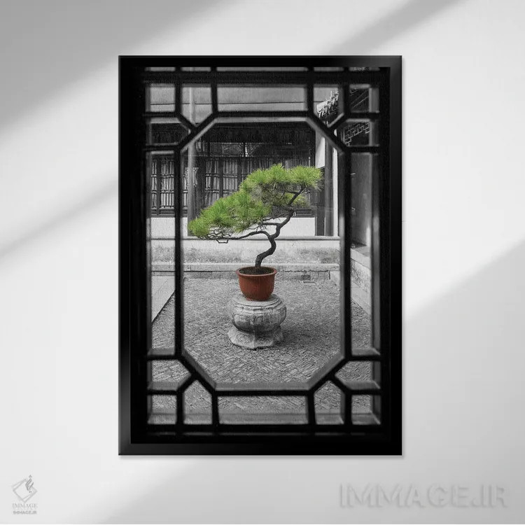 تابلو دکوراتیو درخت بونسای کاج به عنوان باغ اثر یان بکه - نمای قابدار مشکی