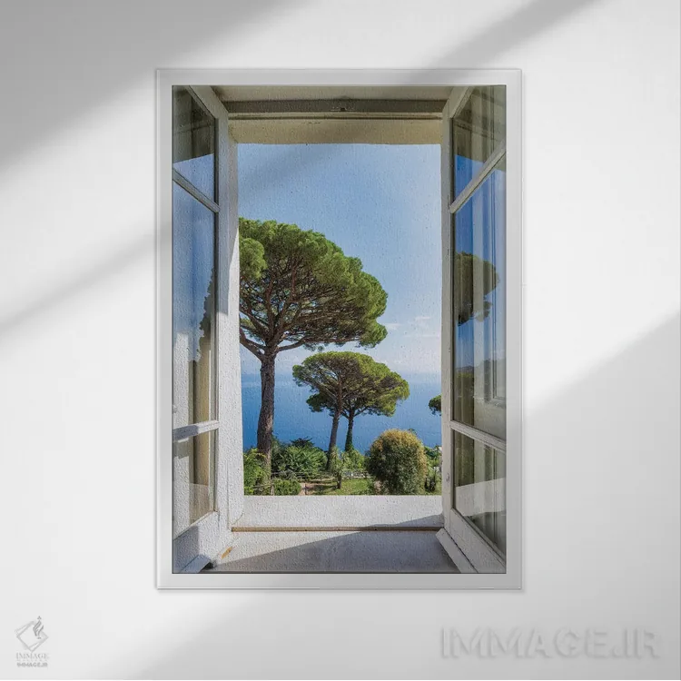 تابلو دکوراتیو Capri Island, Naples, Italy,نمایی به باغ با درختان کاج سنگی، جز… اثر یان بکه - نمای قابدار سفید
