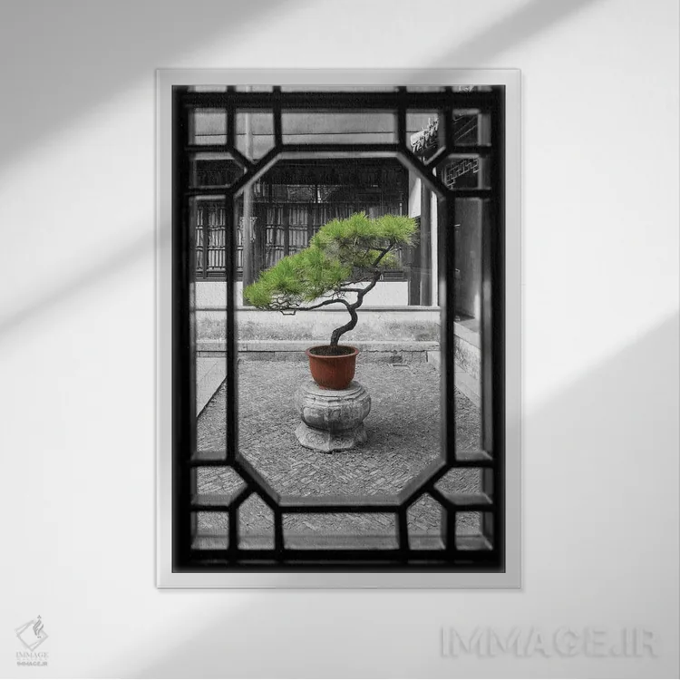 تابلو دکوراتیو درخت بونسای کاج به عنوان باغ اثر یان بکه - نمای قابدار سفید