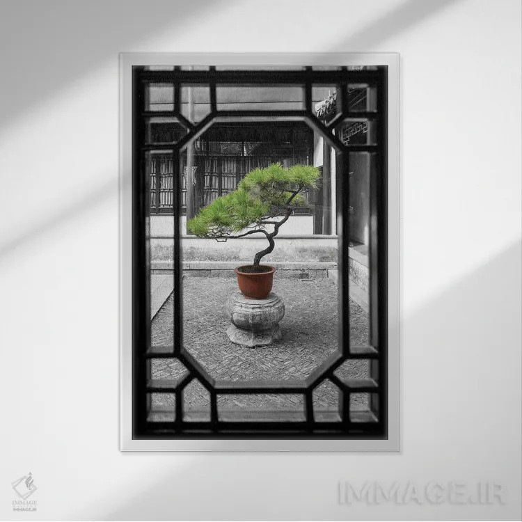 تابلو دکوراتیو درخت بونسای کاج به عنوان باغ اثر یان بکه - نمای قابدار سفید