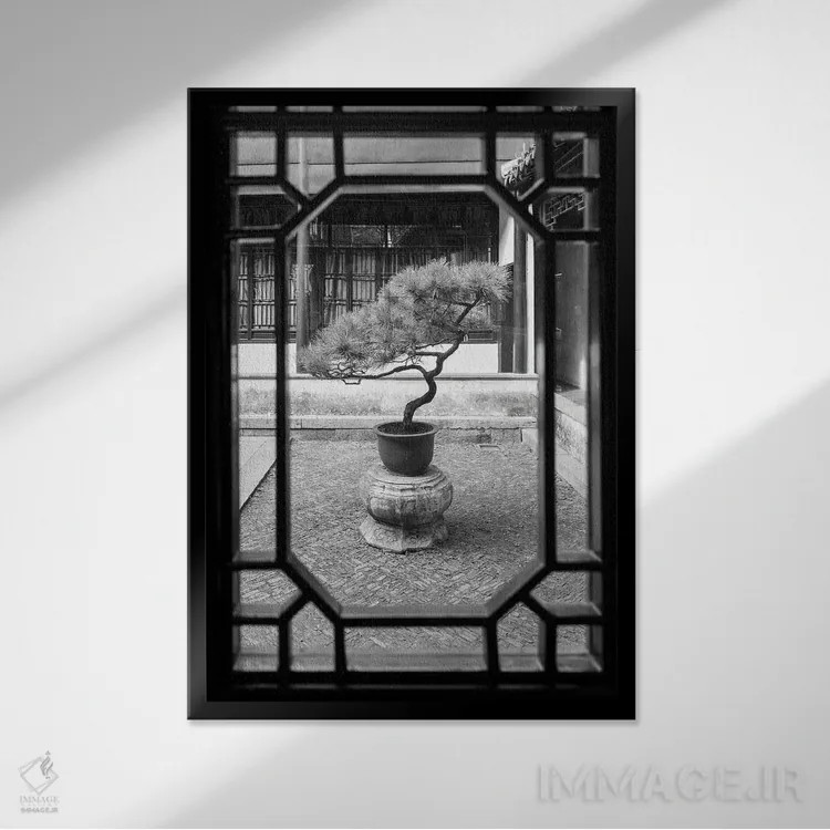 تابلو دکوراتیو درخت بونسای در یک باغ سنتی چینی اثر یان بکه - نمای قابدار مشکی