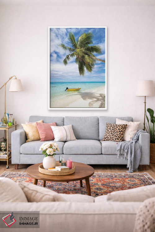 تابلو دکوراتیو Bora Bora, French Polynesia,ساحل استوایی با نخل و قایق، بورا بو… اثر یان بکه - D1W