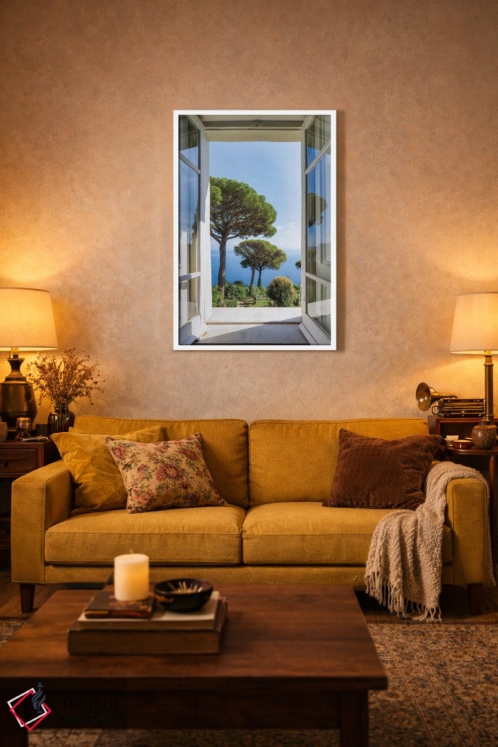 تابلو دکوراتیو Capri Island, Naples, Italy,نمایی به باغ با درختان کاج سنگی، جز… اثر یان بکه - D1W