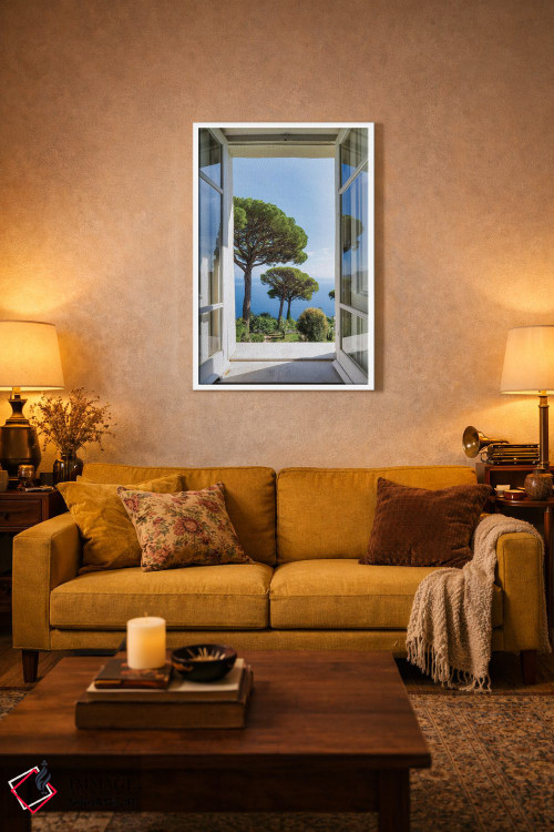 تابلو دکوراتیو Capri Island, Naples, Italy,نمایی به باغ با درختان کاج سنگی، جز… اثر یان بکه - D1W