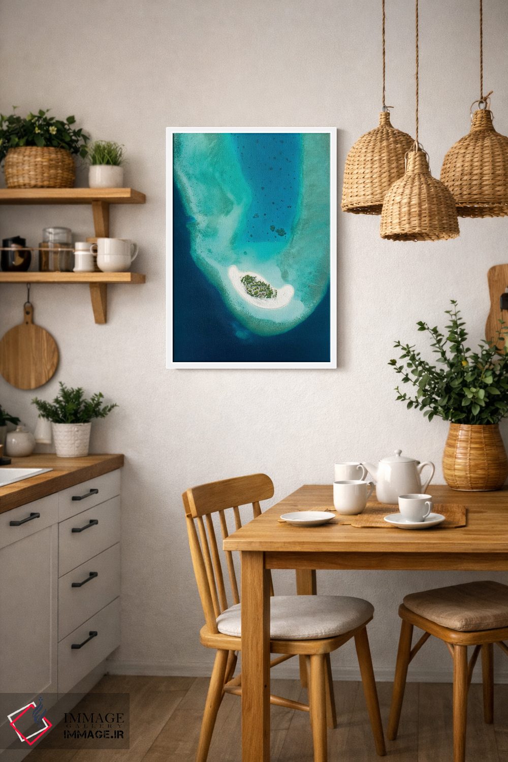 تابلو دکوراتیو نمای هوایی از یک جزیره استوایی کوچک در مالدیو اثر یان بکه - D3W