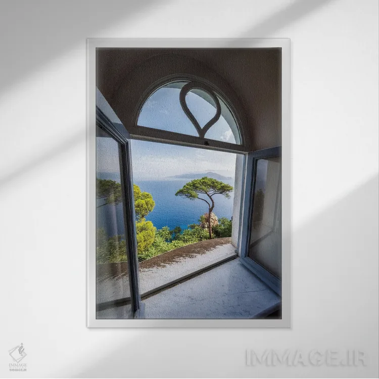 تابلو دکوراتیو Villa Lysis, Capri Island, Italy,پنجره ای با منظره باغ، ویلا لا… اثر یان بکه - نمای قابدار سفید