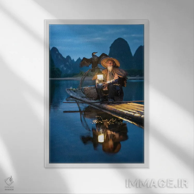 تابلو دکوراتیو Guilin,ماهیگیر کوموران چینی، گویلین اثر یان بکه - نمای قابدار سفید