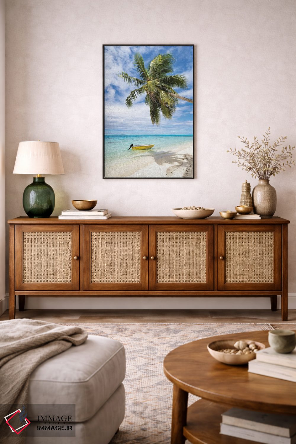 تابلو دکوراتیو Bora Bora, French Polynesia,ساحل استوایی با نخل و قایق، بورا بو… اثر یان بکه - D3B