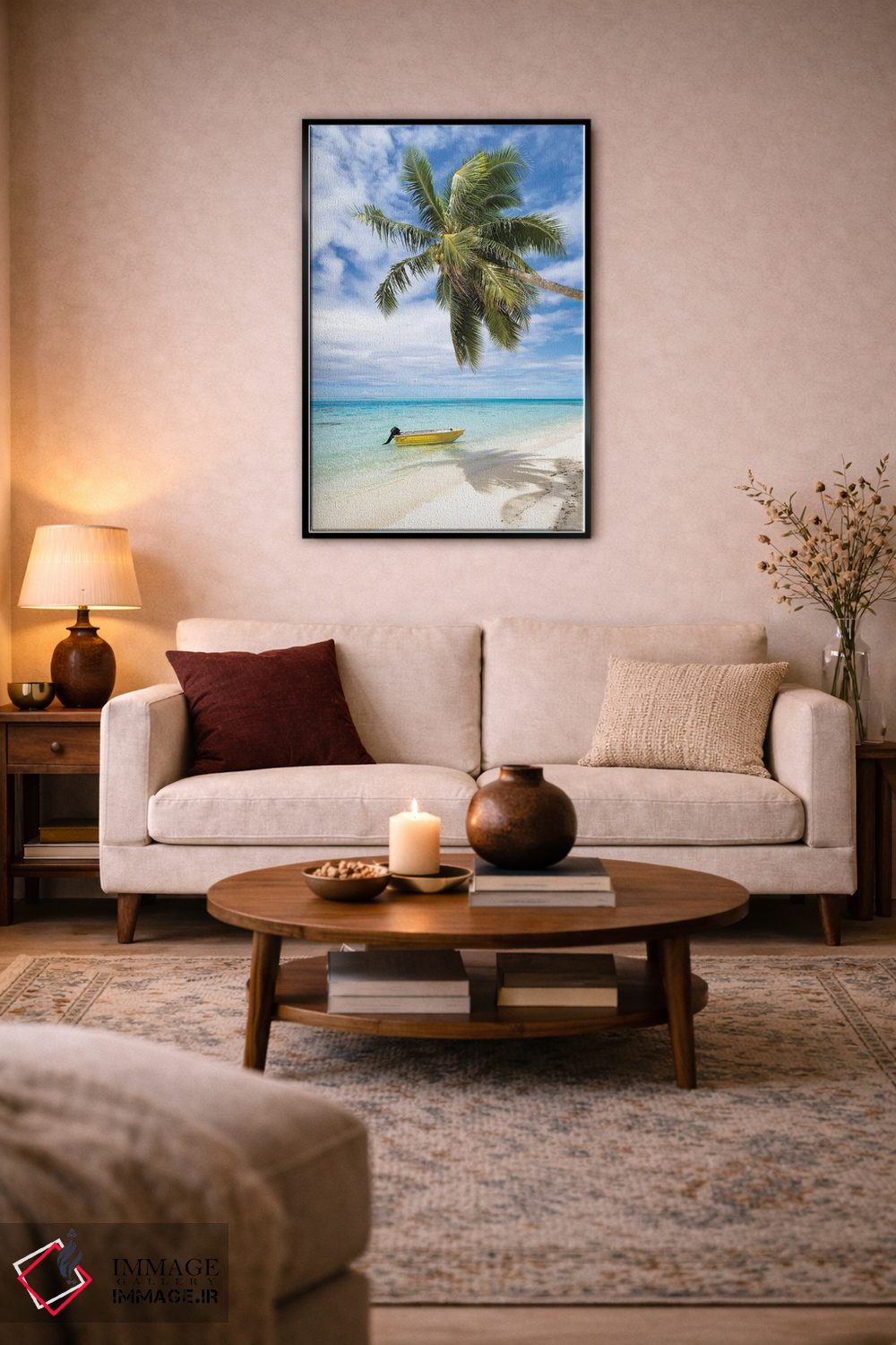 تابلو دکوراتیو Bora Bora, French Polynesia,ساحل استوایی با نخل و قایق، بورا بو… اثر یان بکه - D4B