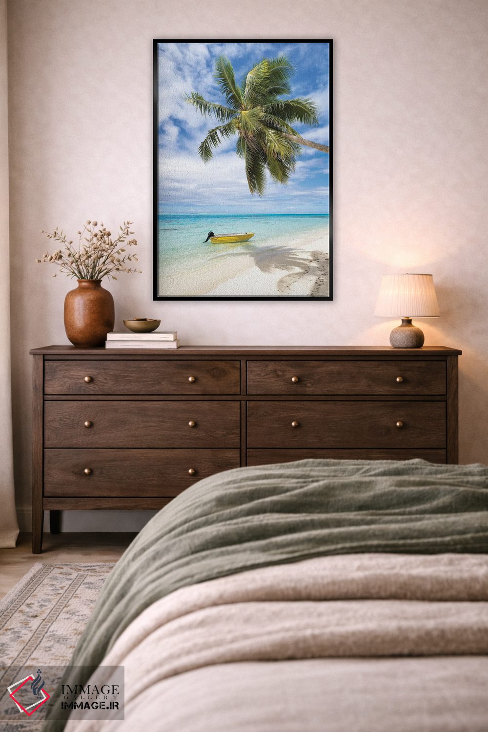 تابلو دکوراتیو Bora Bora, French Polynesia,ساحل استوایی با نخل و قایق، بورا بو… اثر یان بکه - D5B