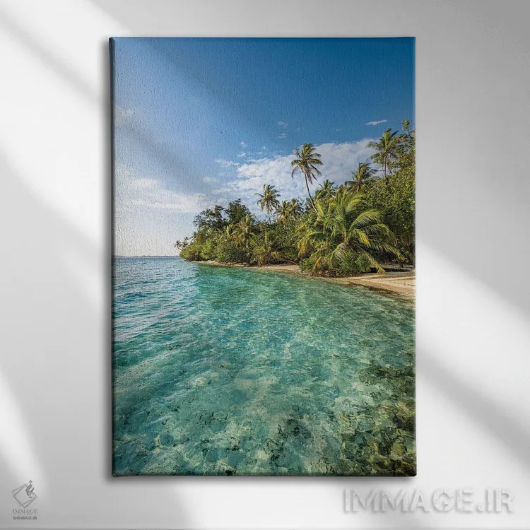 تابلو دکوراتیو جزیره گرمسیری با درختان نخل در مالدیو اثر یان بکه - نمای روبهرو روی دیوار