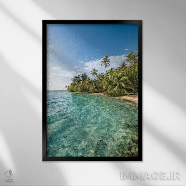تابلو دکوراتیو جزیره گرمسیری با درختان نخل در مالدیو اثر یان بکه - نمای قابدار مشکی