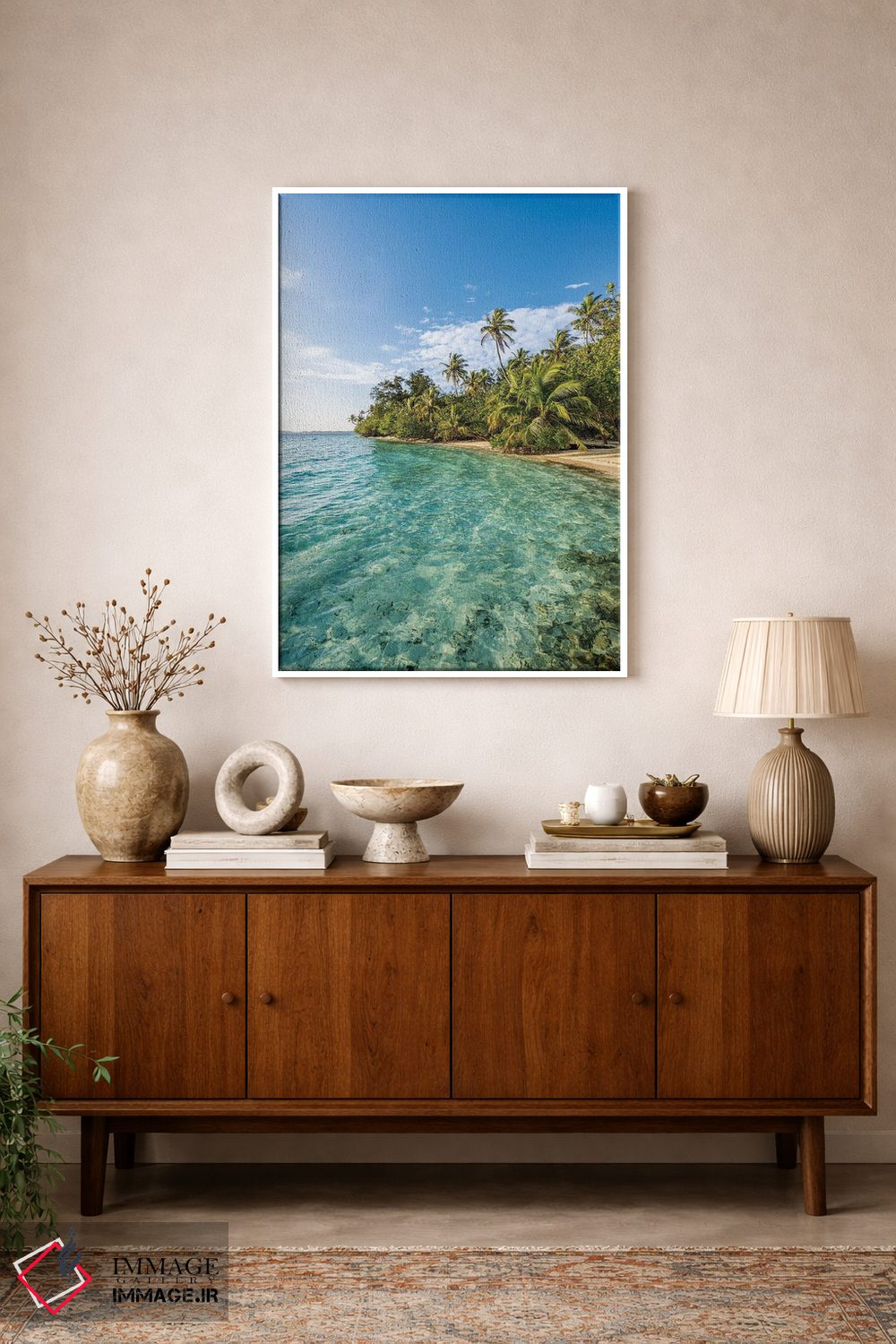 تابلو دکوراتیو جزیره گرمسیری با درختان نخل در مالدیو اثر یان بکه - D1W