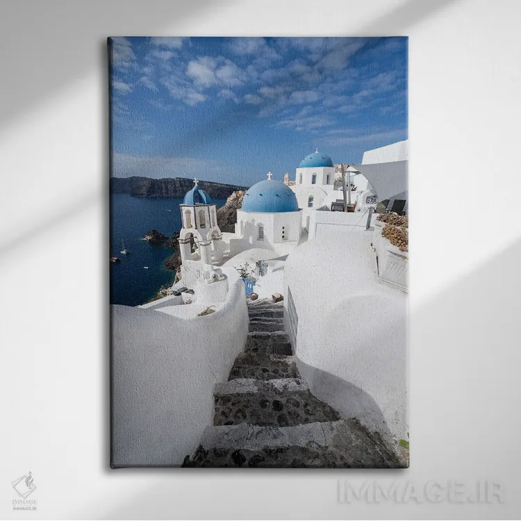 تابلو دکوراتیو Santorini , Greece,خانه های سفید در اویا، سانتورینی ، یونان اثر یان بکه - نمای روبهرو روی دیوار