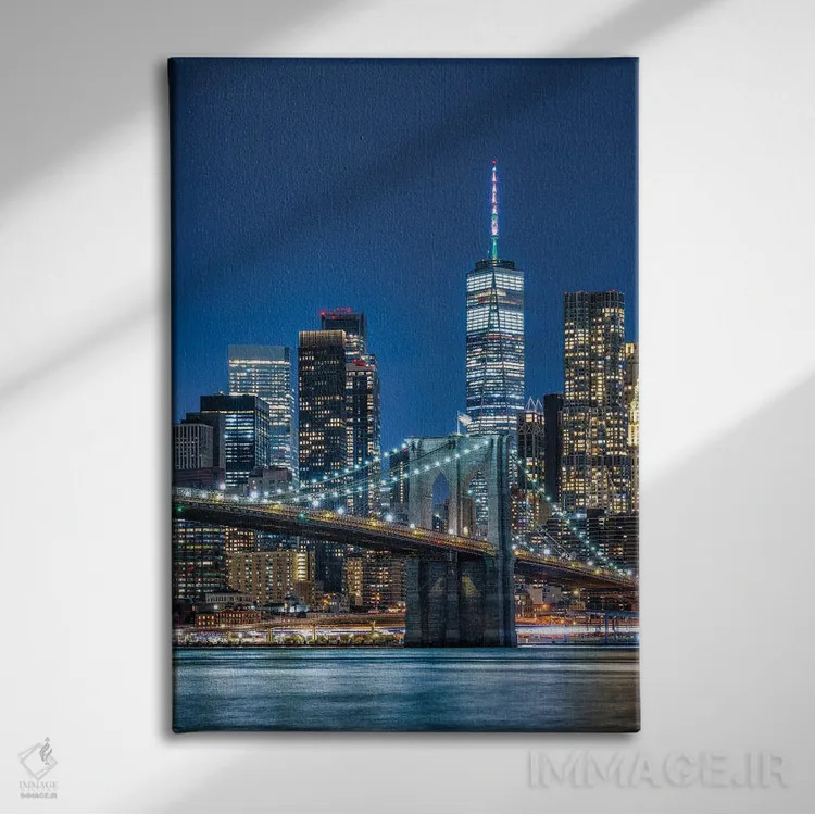 تابلو دکوراتیو New York City,پل بروکلین و نمای افق منهتن جنوبی در شب، نیویورک اثر یان بکه - نمای روبهرو روی دیوار