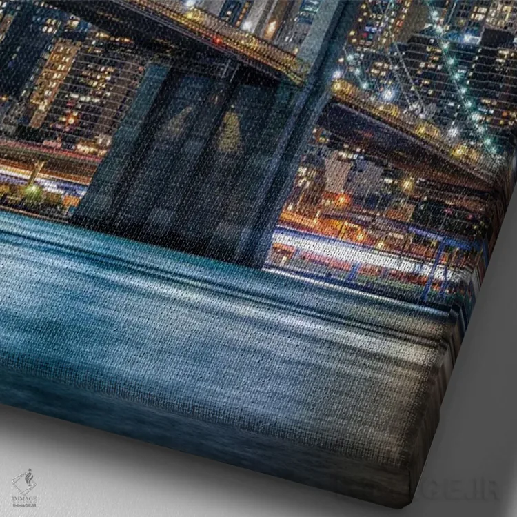 تابلو دکوراتیو New York City,پل بروکلین و نمای افق منهتن جنوبی در شب، نیویورک اثر یان بکه - نمای نزدیک بافت بوم