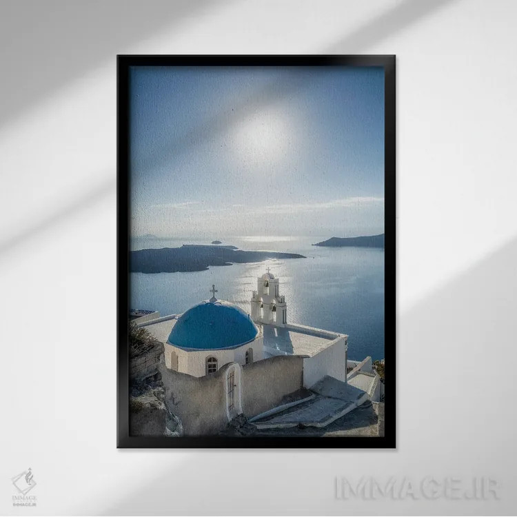 تابلو دکوراتیو Firostefani, Santorini, Greece,سه ناقوس کلیسای فیرا در تابستان… اثر یان بکه - نمای قابدار مشکی