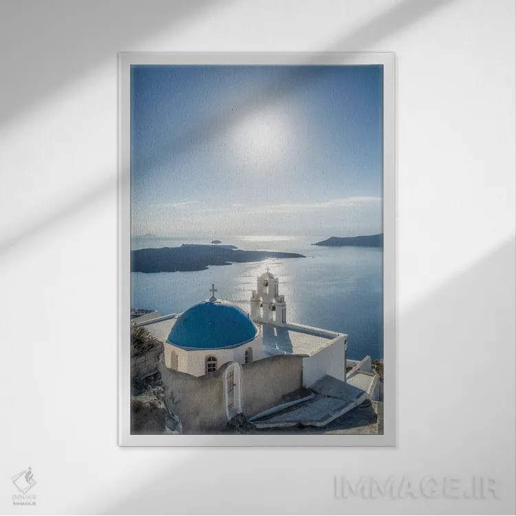 تابلو دکوراتیو Firostefani, Santorini, Greece,سه ناقوس کلیسای فیرا در تابستان… اثر یان بکه - نمای قابدار سفید