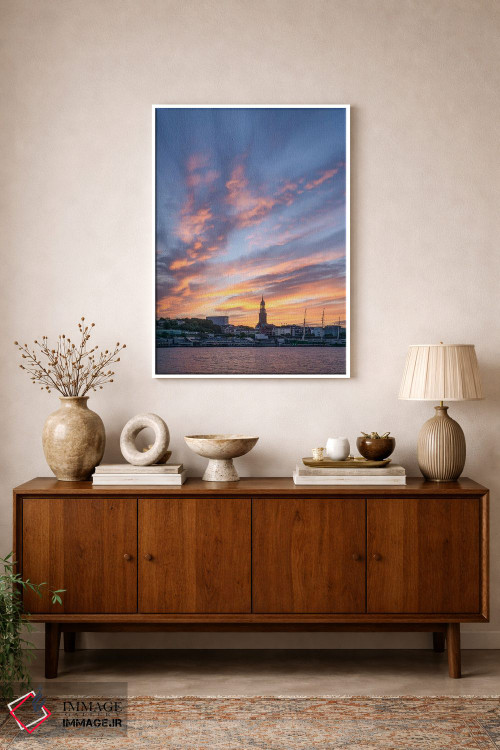 تابلو دکوراتیو Germany,طلوع در هامبورگ با کلیسای سنت میخائیل و بندر هامبورگ، آ… اثر یان بکه - D1W