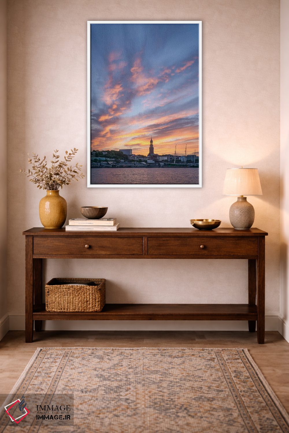 تابلو دکوراتیو Germany,طلوع در هامبورگ با کلیسای سنت میخائیل و بندر هامبورگ، آ… اثر یان بکه - D2W
