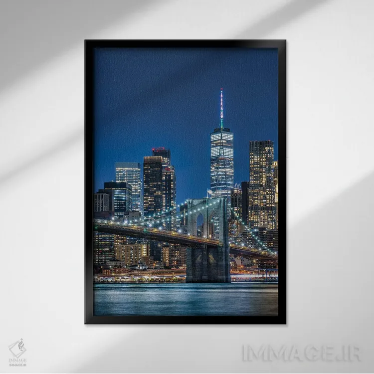 تابلو دکوراتیو New York City,پل بروکلین و نمای افق منهتن جنوبی در شب، نیویورک اثر یان بکه - نمای قابدار مشکی