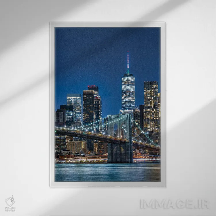تابلو دکوراتیو New York City,پل بروکلین و نمای افق منهتن جنوبی در شب، نیویورک اثر یان بکه - نمای قابدار سفید