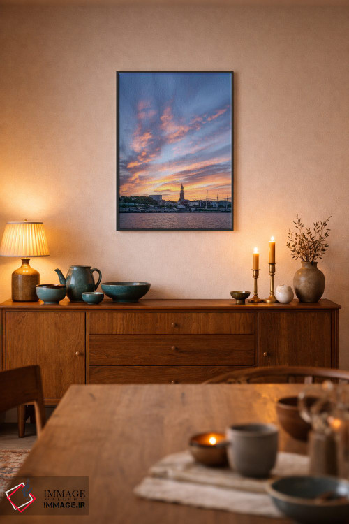 تابلو دکوراتیو Germany,طلوع در هامبورگ با کلیسای سنت میخائیل و بندر هامبورگ، آ… اثر یان بکه - D6B