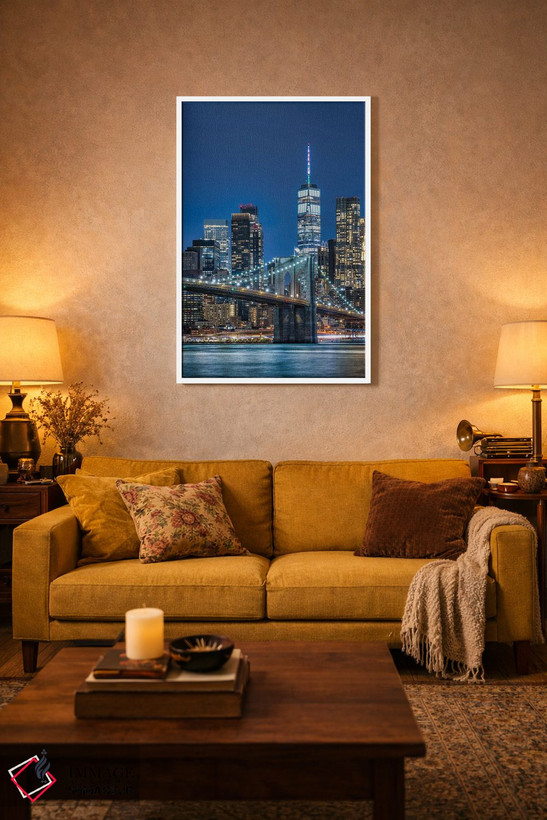 تابلو دکوراتیو New York City,پل بروکلین و نمای افق منهتن جنوبی در شب، نیویورک اثر یان بکه - D2W