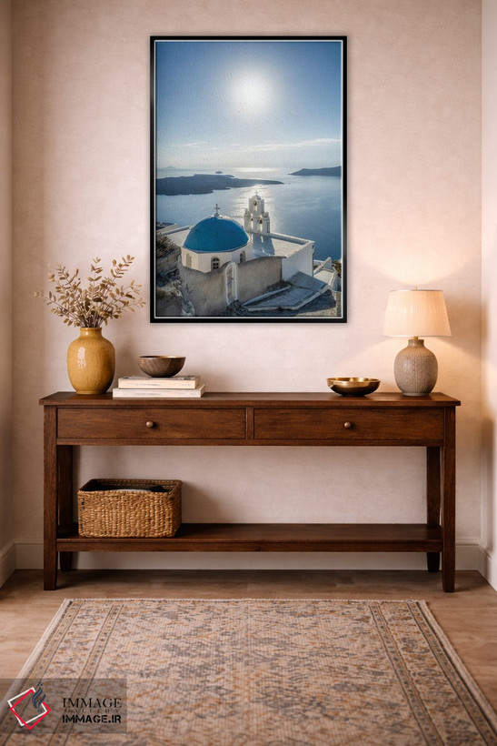 تابلو دکوراتیو Firostefani, Santorini, Greece,سه ناقوس کلیسای فیرا در تابستان… اثر یان بکه - D3B