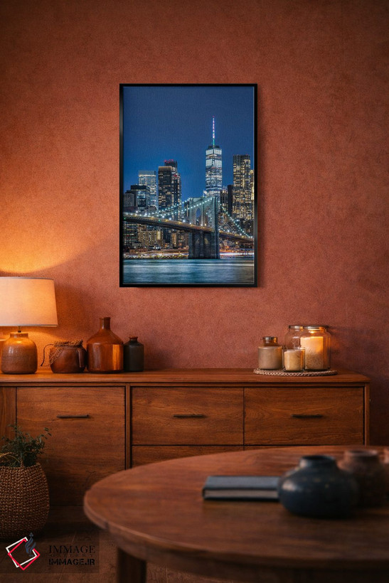 تابلو دکوراتیو New York City,پل بروکلین و نمای افق منهتن جنوبی در شب، نیویورک اثر یان بکه - D5B