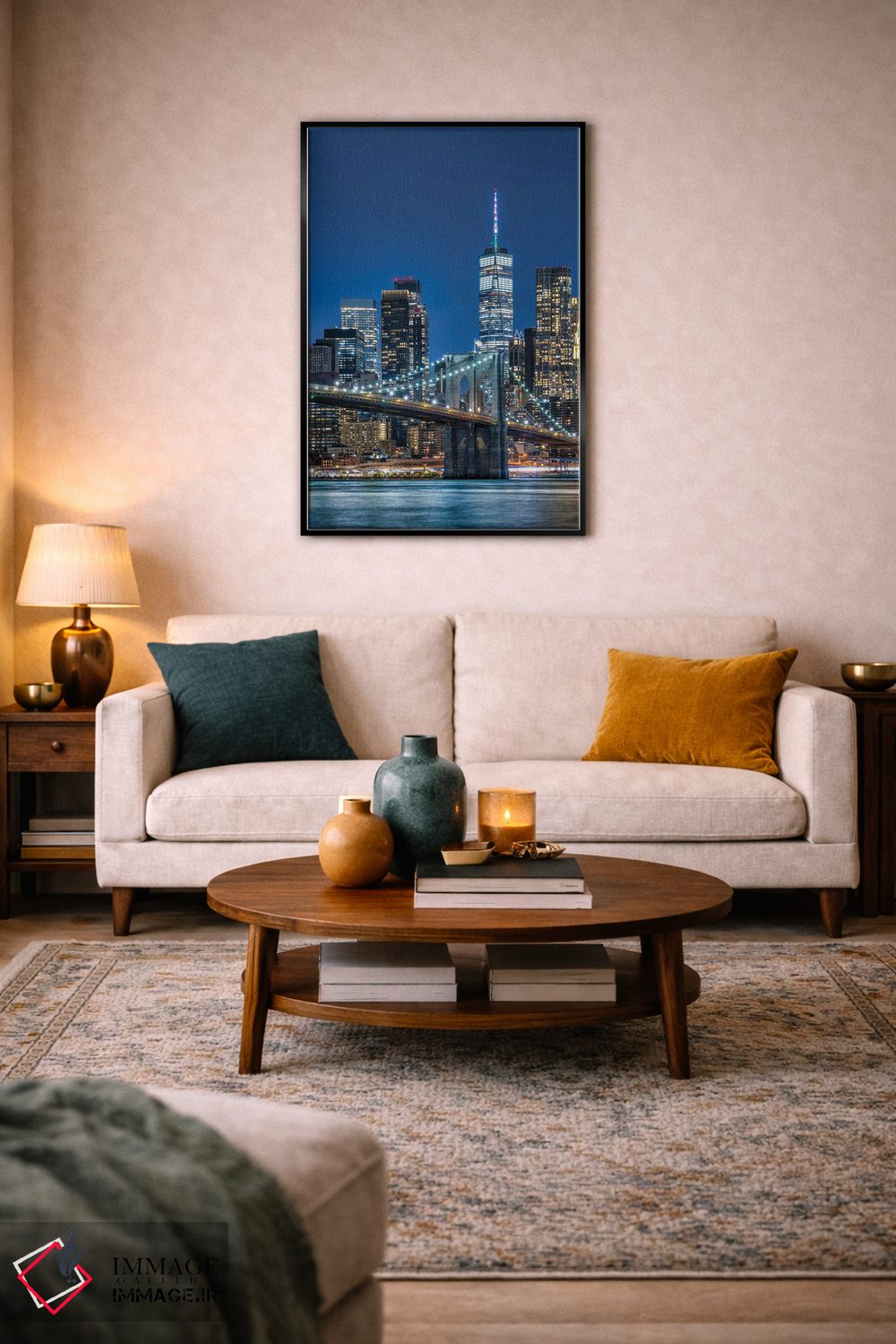 تابلو دکوراتیو New York City,پل بروکلین و نمای افق منهتن جنوبی در شب، نیویورک اثر یان بکه - D4B