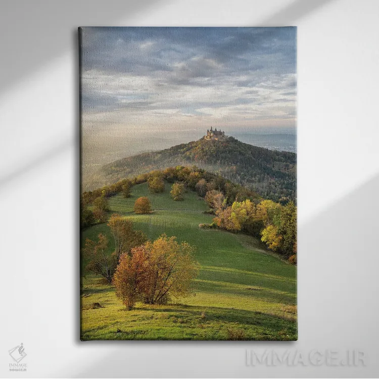 تابلو دکوراتیو Swabian Jura, Germany,قلعه هوهنتسولرن هنگام غروب آفتاب در فصل پ… اثر یان بکه - نمای روبهرو روی دیوار