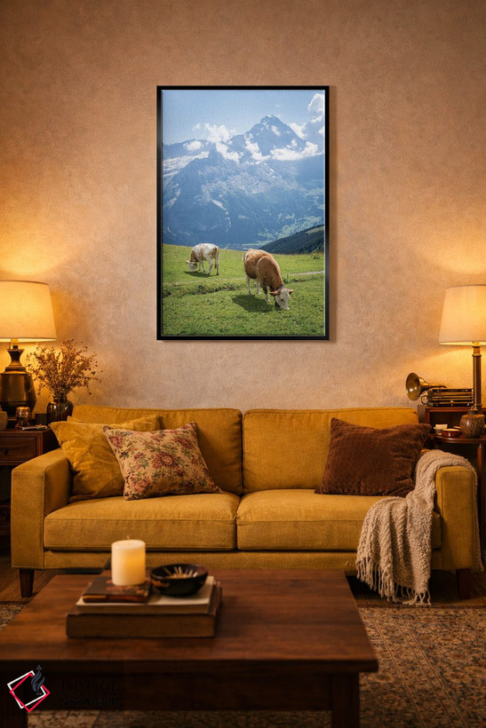تابلو دکوراتیو Swiss Alps Near Grindelwald, Swiss Alps, Switzerland,گاوهای در… اثر یان بکه - D5B