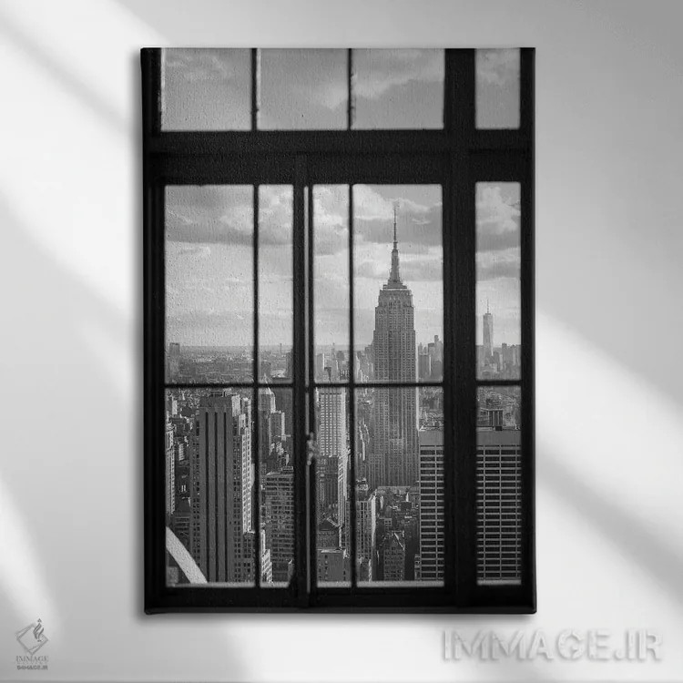 تابلو دکوراتیو ساختمان امپایر استیت به صورت سیاه و سفید اثر یان بکه - نمای روبهرو روی دیوار