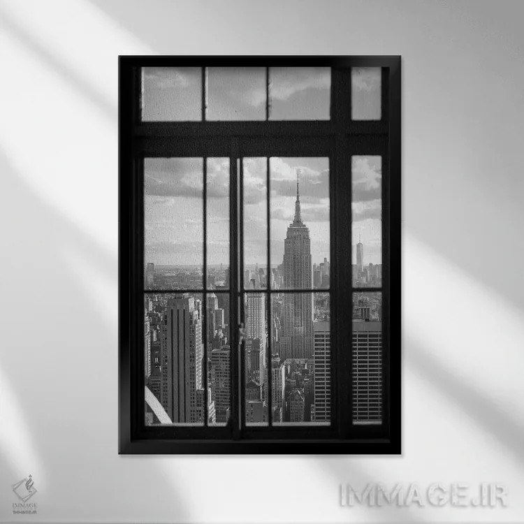 تابلو دکوراتیو ساختمان امپایر استیت به صورت سیاه و سفید اثر یان بکه - نمای قابدار مشکی
