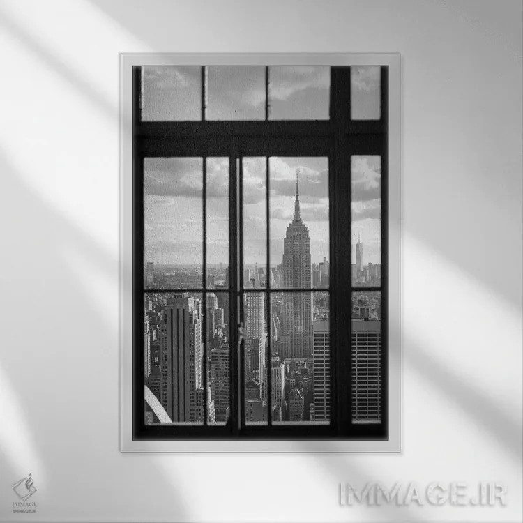 تابلو دکوراتیو ساختمان امپایر استیت به صورت سیاه و سفید اثر یان بکه - نمای قابدار سفید