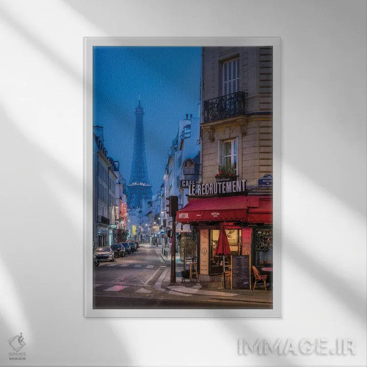 تابلو دکوراتیو Paris, France,خیابان سن-دومینیک و برج ایفل در شب، پاریس، فرانسه اثر یان بکه - نمای قابدار سفید