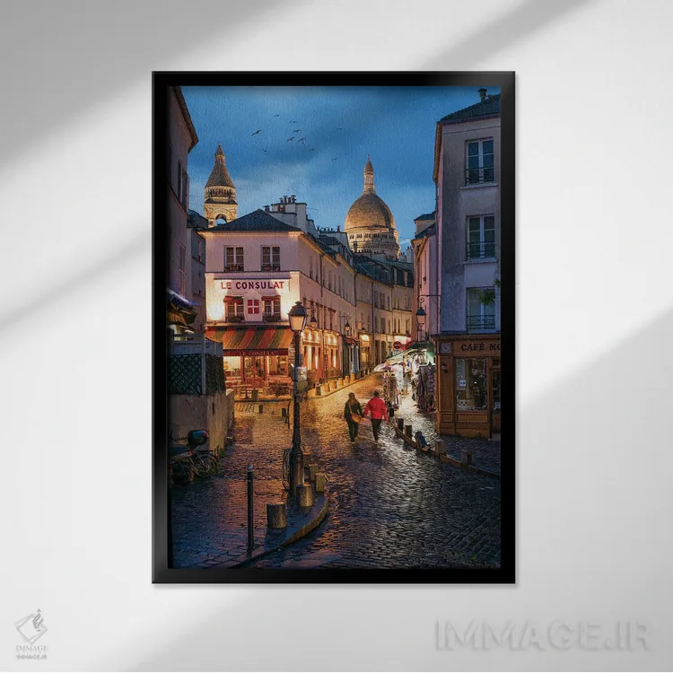 تابلو دکوراتیو Paris, France,خیابان های مونمارتر در شب با کلیسای سکره کر در پس… اثر یان بکه - نمای قابدار مشکی