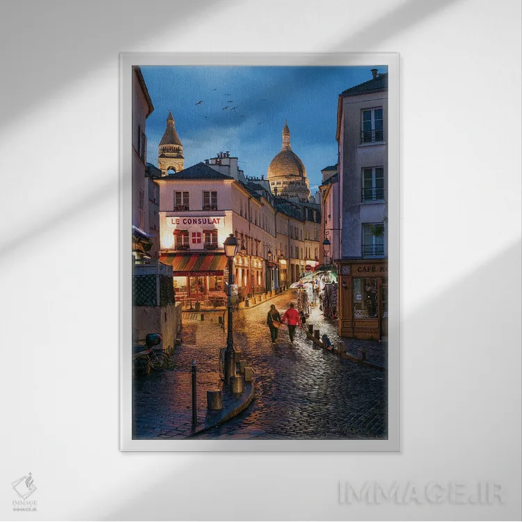 تابلو دکوراتیو Paris, France,خیابان های مونمارتر در شب با کلیسای سکره کر در پس… اثر یان بکه - نمای قابدار سفید