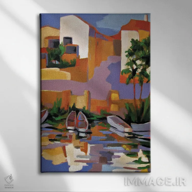 تابلو دکوراتیو بندرگاه کوچکی بر رودخانه ای در فرانسه اثر ژان-نوئل لو ژونتر - نمای روبهرو روی دیوار